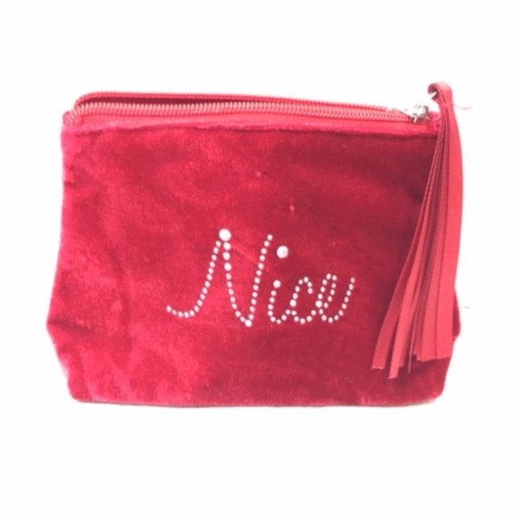 Naughty Nice Red Velour Rhinestones Makeup Cosmetic Zip Bag Christmas 7x2x5" - Picture 2 of 7
